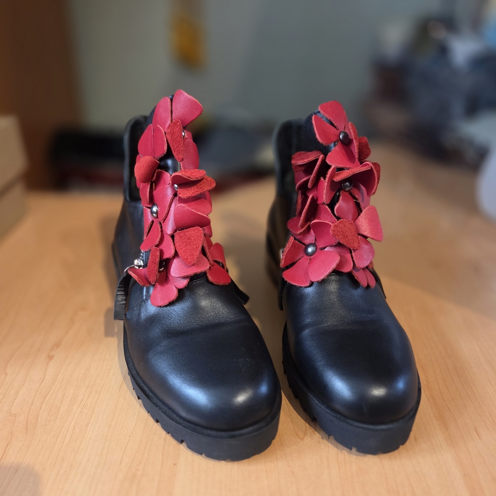 Elegant Black Ankle Boots with Red Floral Accents
